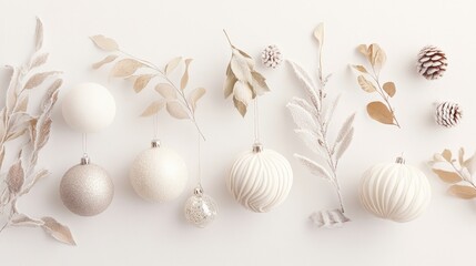 Elegant White Christmas Ornaments and Natural Elements Arrangement