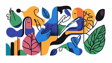 Abstract colorful shapes, figures, and foliage.