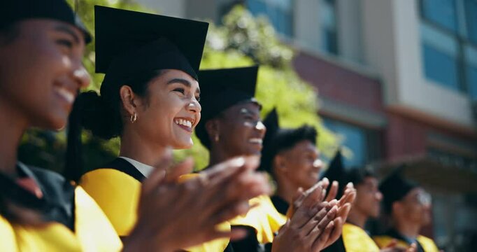 Graduation, students and outdoor with applause for achievement, degree and knowledge development. Woman, friends or excited at university for higher education, diploma award and clap for peer support