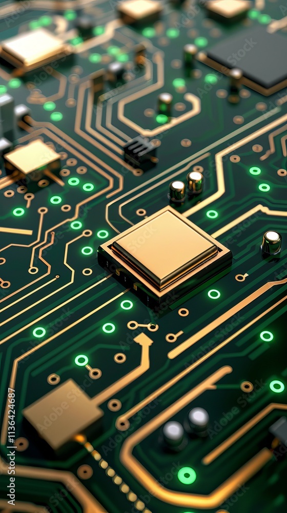 Poster close-up of a complex electronic circuit board featuring gold components and a vibrant green backgro