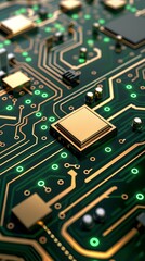 Close-up of a complex electronic circuit board featuring gold components and a vibrant green background, reflecting advanced technology. circuitboard pattern design wallpaper
