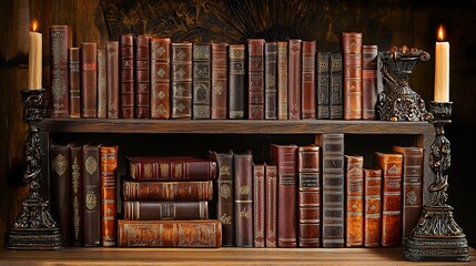 Antique books on wooden shelf with candles.