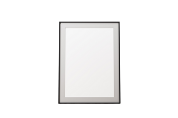 Black rectangular picture frame with empty white canvas, isolated on a clean white background. Concept of mockup, layout, or design. 3D Rendering.