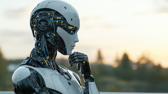 A futuristic humanoid robot pondering with intricate details and glowing lights