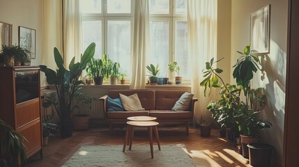 Sunlit living room with plants, sofa, and wooden floors.