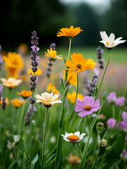 Fototapeta premium Colorful wildflowers blooming in a serene meadow landscape