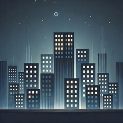 Naklejka premium Minimal Cityscape Silhouette with Glowing Windows at Night 
