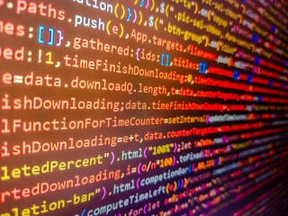 Interactive holographic crypto icon with copy space for text placement and futuristic glowing effect. Tableau cours de bourse rouge et jaune. Programmer developer screen. Software source code.