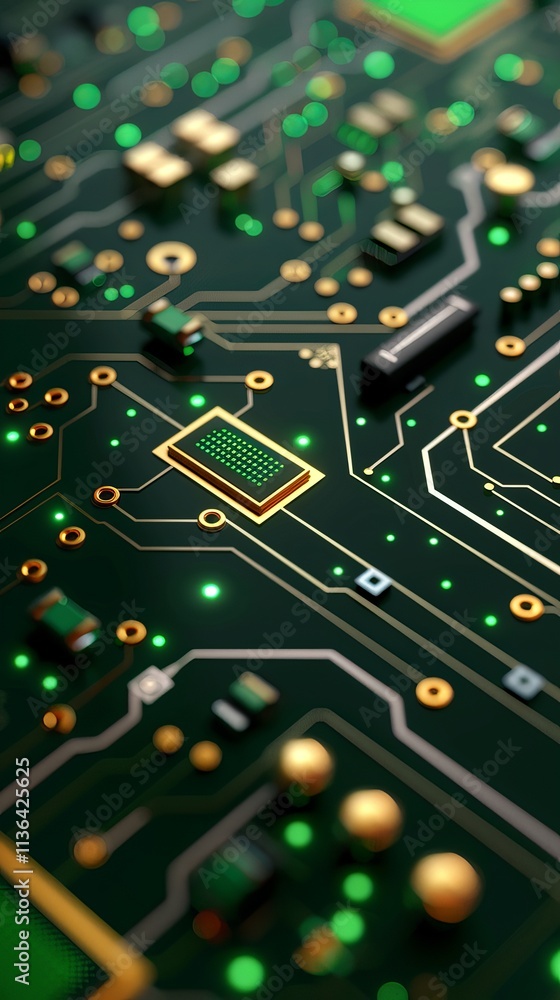 Poster close-up of a green circuit board with intricate patterns and glowing lights, showcasing advanced te
