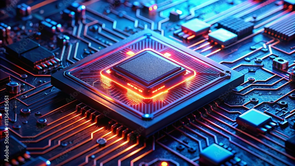 Poster ai microchip circuit board, red blue light, high depth of field, advanced technology, artificial int