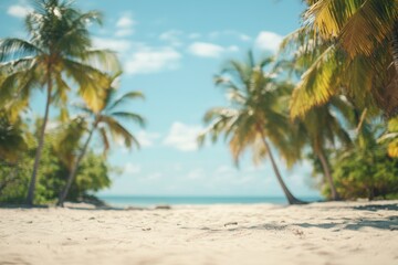 Fototapeta premium Beautiful sandy beach blur background with palm trees and blue sky, blurred image