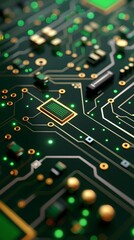 Close-up of a green circuit board with intricate patterns and glowing lights, showcasing advanced technology and electronic components. circuitboard pattern design wallpaper