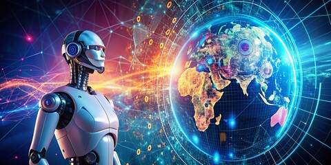 AI Robot Double Exposure Big Data Analysis: Futuristic Machine Learning