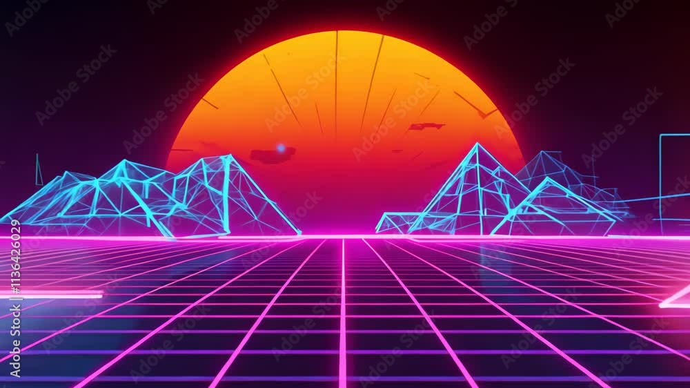 Poster Sunset over a neon landscape with geometric shapes and grids creating a retro digital aesthetic