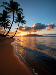 Sunset over calm waves and palm trees in tropical paradise