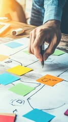 Person sketching flowchart, colorful sticky notes.