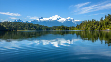Fototapeta premium A tranquil lake with crystal-clear water reflects the majestic snow-capped mountain range and lush pine forest under a bright blue sky. 