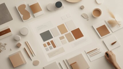Neutral-toned stationery, objects, and hand.