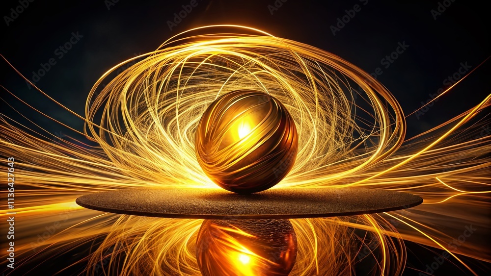 Poster a minimalist representation of a swirling golden orb with fiery trails on a dark background for stun
