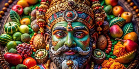 Ancient Indian God Sculpture Closeup, Detailed Food Photography, Stone Carving, Hindu Deity,  Mythological Figure