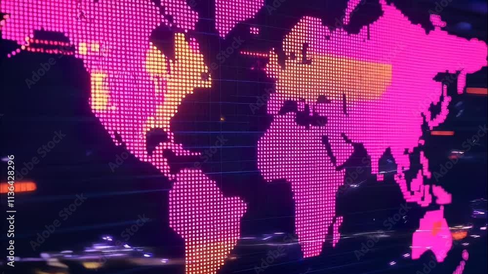 Poster digital world map in pink dots on dark background with digital pink dots world map