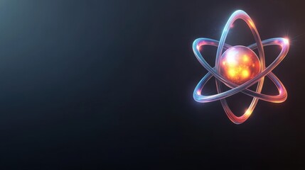 A glowing atom graphic with bright colors representing energy and matter in a dark background, symbolizing scientific discovery.