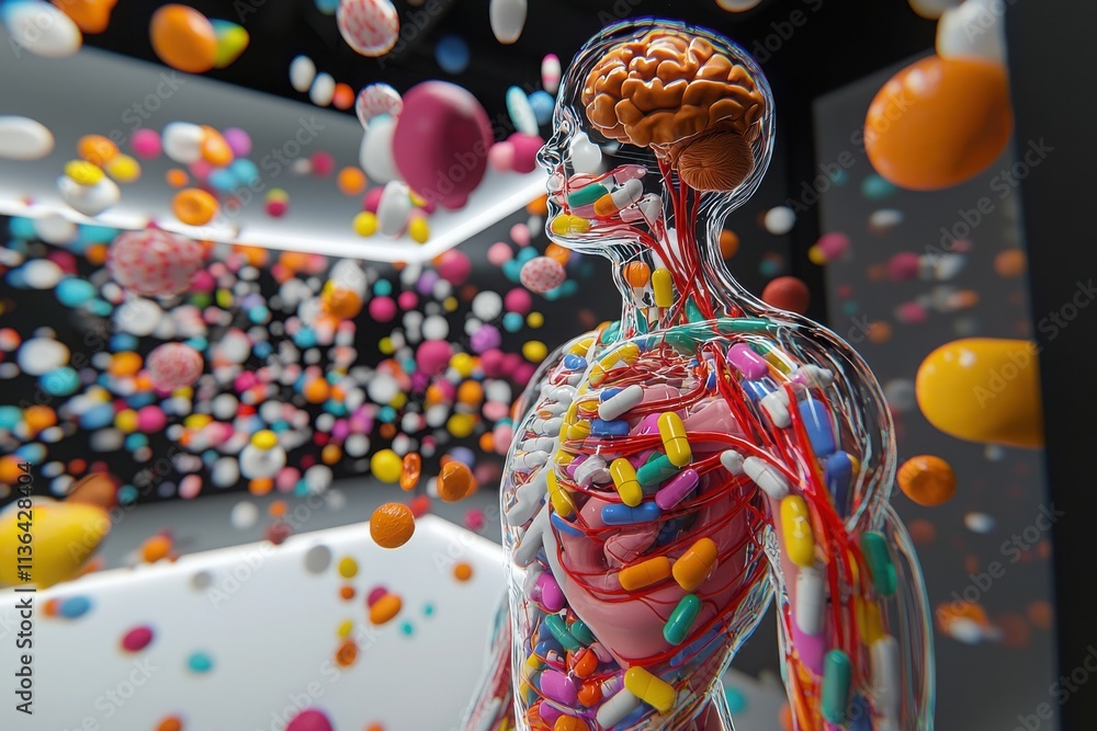 Poster exploring a virtual reality environment simulating personalized human anatomy and pharmacology in an