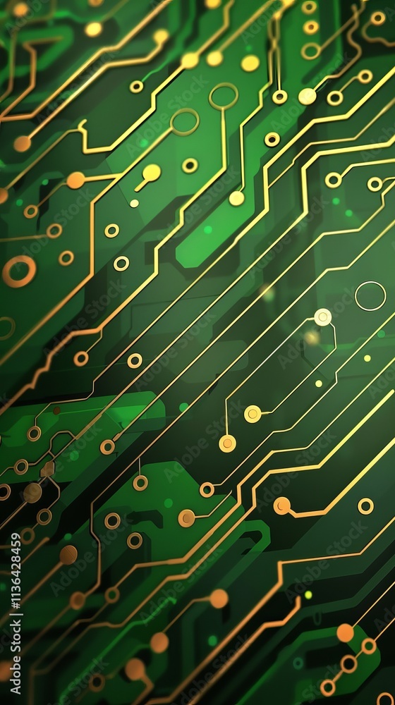 Poster a close-up view of a vibrant green and gold circuit board, showcasing intricate patterns and connect