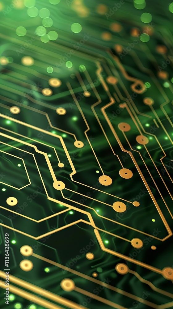 Poster close-up of a vibrant green circuit board with intricate golden pathways and luminous dots, showcasi