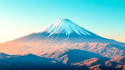 Majestic mount fuji dominating the landscape with its snow capped peak under a clear blue sky
