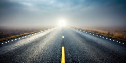 Fototapeta premium Asphalt road vanishing into a misty horizon, a bright light at the end of the journey, symbolizing hope and the unknown