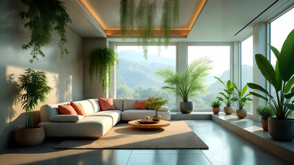Obraz premium A Sci-Fi Inspired Futuristic Living Room with Transparent Elements and Floating Plants for Adaptive Harmony in Design