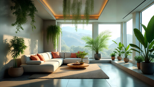 A Sci-Fi Inspired Futuristic Living Room with Transparent Elements and Floating Plants for Adaptive Harmony in Design