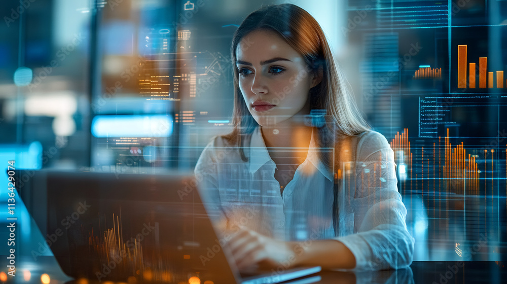 Fototapete businesswoman studying dynamic charts and utilizing a cutting-edge interface on a transparent screen