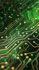 Abstract green and gold circuit board design showcasing intricate patterns in technology. circuitboard pattern design wallpaper