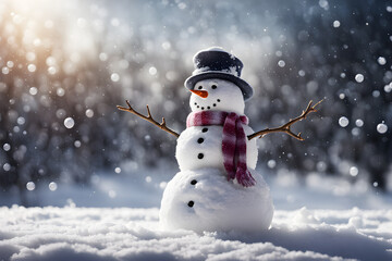 Smiling happy snowman standing in Christmas winter background