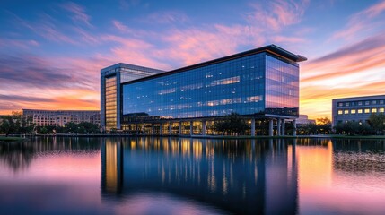 Modern Office Building Reflection at Sunset Over Calm Water