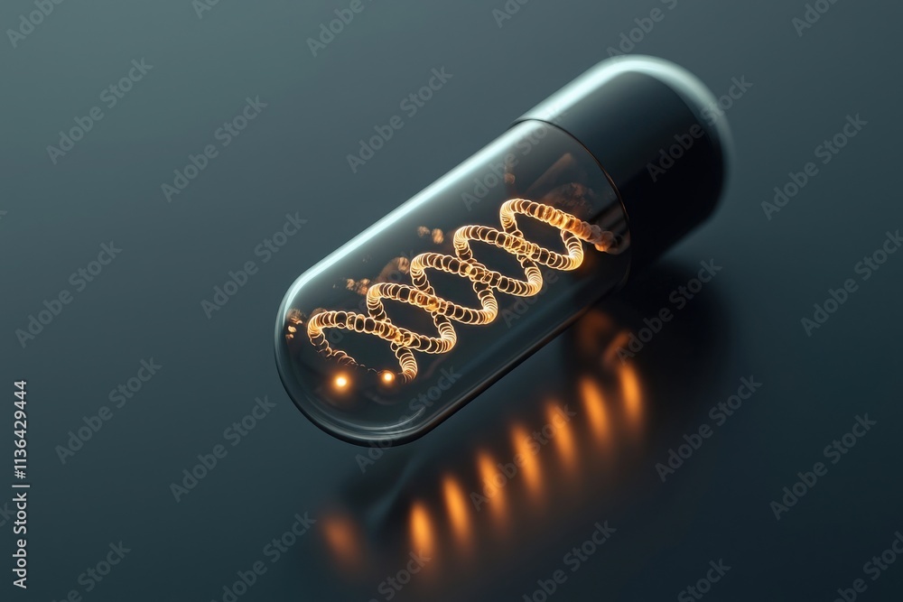 Poster closeup of a glowing dna strand in a capsule laboratory scientific image dark environment macro view