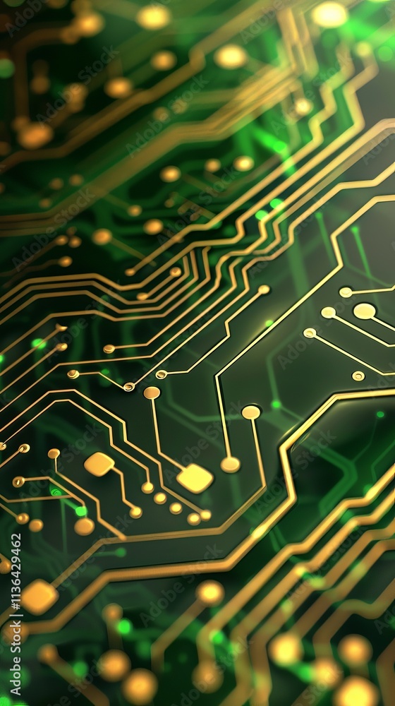 Aufkleber close-up view of a vibrant green circuit board featuring intricate golden pathways, representing adv