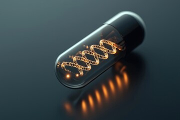 Closeup of a glowing dna strand in a capsule laboratory scientific image dark environment macro view cancer research concept