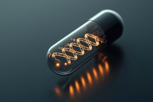 Closeup of a glowing dna strand in a capsule laboratory scientific image dark environment macro view cancer research concept
