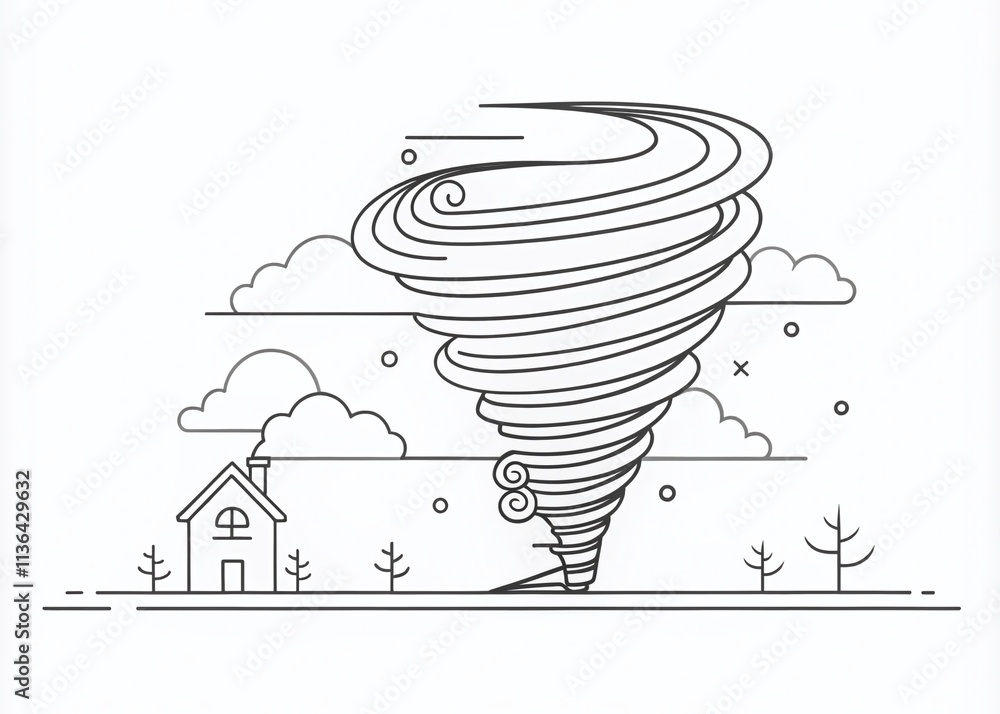 Poster architectural illustration of a tornado in a continuous line drawing style for weather forecasting a