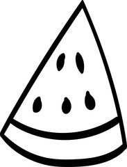 Simple black and white line drawing of a triangular slice of watermelon with a thick rind and several small, oval seeds scattered in the middle.
