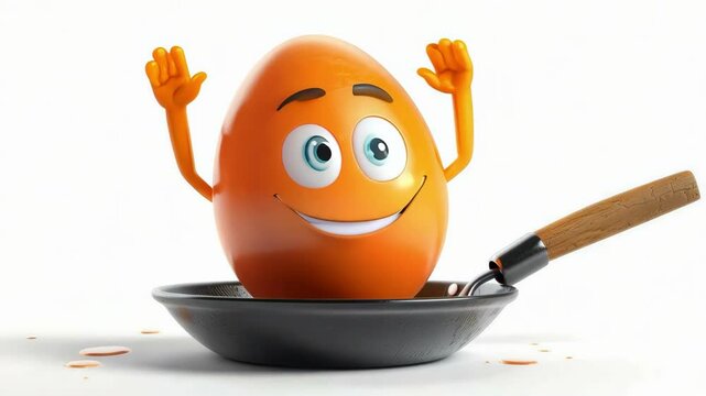 Animated egg lands in frying pan with joyful expression and movement