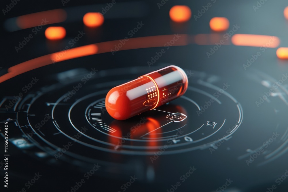 Poster futuristic diagnostic device scanning a capsule in high-tech laboratory close-up view science and te