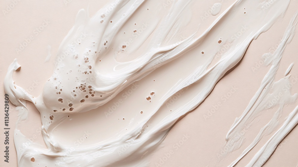 Poster White cream smears with bubbles on beige background creating abstract pattern