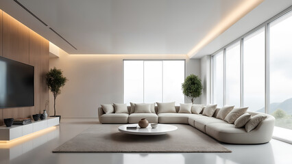 A Spacious and Elegant Fantasy Futuristic Living Room Blending Comfort with Smart Innovations