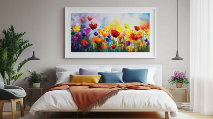 Letto con enorme quadro alle spalle. Spazio per immagine testo o messaggio.