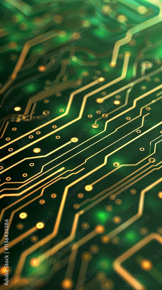 Aufkleber a close-up view of a green printed circuit board featuring intricate golden pathways and glowing ele