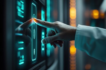Action of patient's fingerprint activation on digital interface healthcare facility technology content high-tech environment close-up view digital security concept